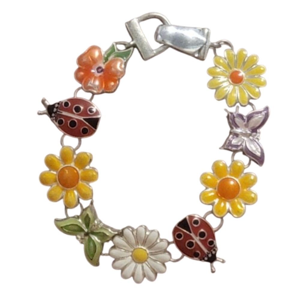 Colorful Enamel Flower Ladybug Butterfly Charm Bracelet Magnetic Clasp Gardeni